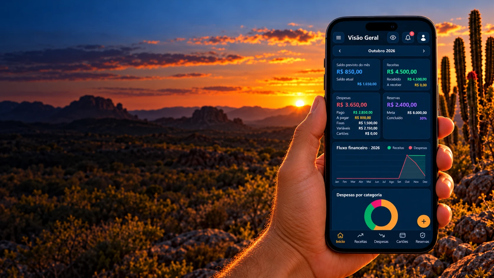 Mão segurando um celular com o Xylo Finance aberto, diante de um pôr do sol no sertão